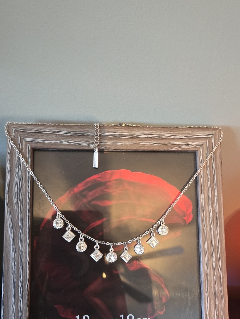 Delicate Silver Charm Necklace with Clear Stones - Silver